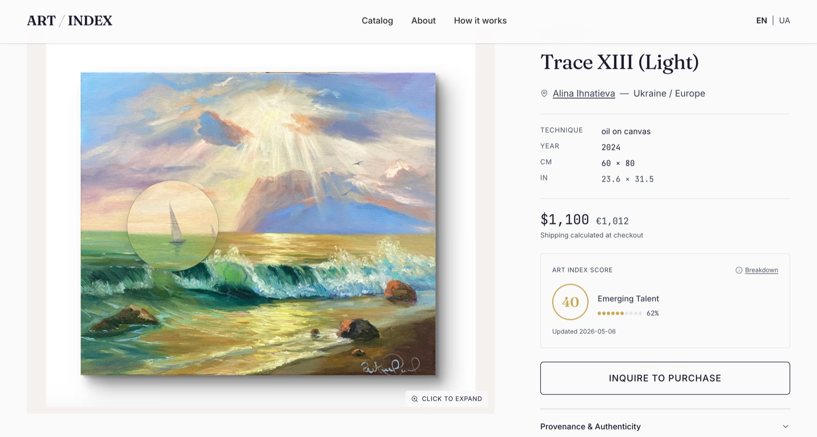 ART Index artwork detail page for 'Trace XIII' showing transparent pricing and the ART Index trust score.