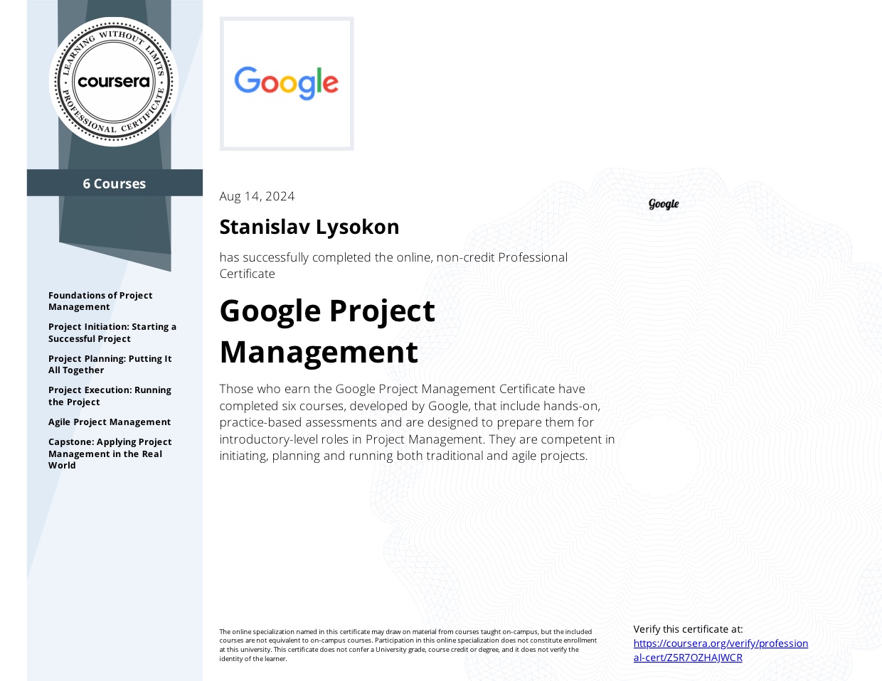 Google Project Management - Professional Certificate certificate