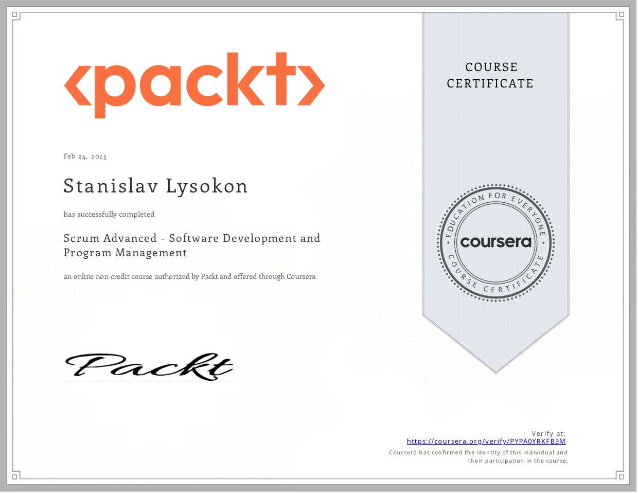 Scrum Advanced - Software Development & Program Management certificate